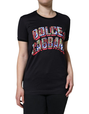 Black cotton Dolce & Gabbana logo print round neck T-shirt displayed flat with visible branding and classic crew neckline.