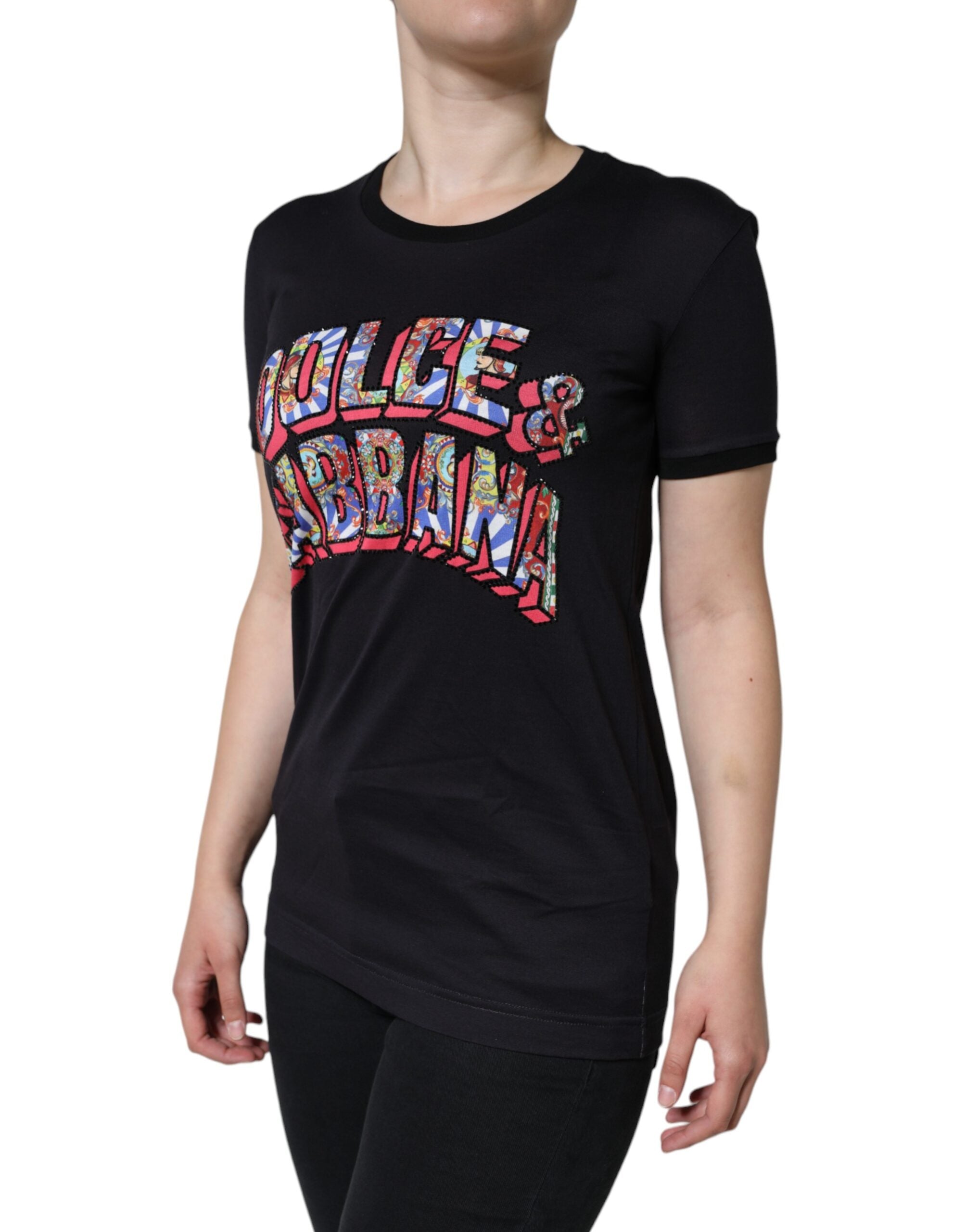 Black cotton round neck T-shirt by Dolce & Gabbana with logo print on front, casual style, and short sleeves.