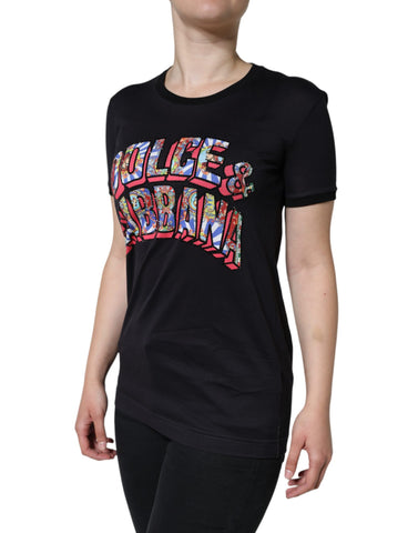 Black cotton round neck T-shirt by Dolce & Gabbana with logo print on front, casual style, and short sleeves.