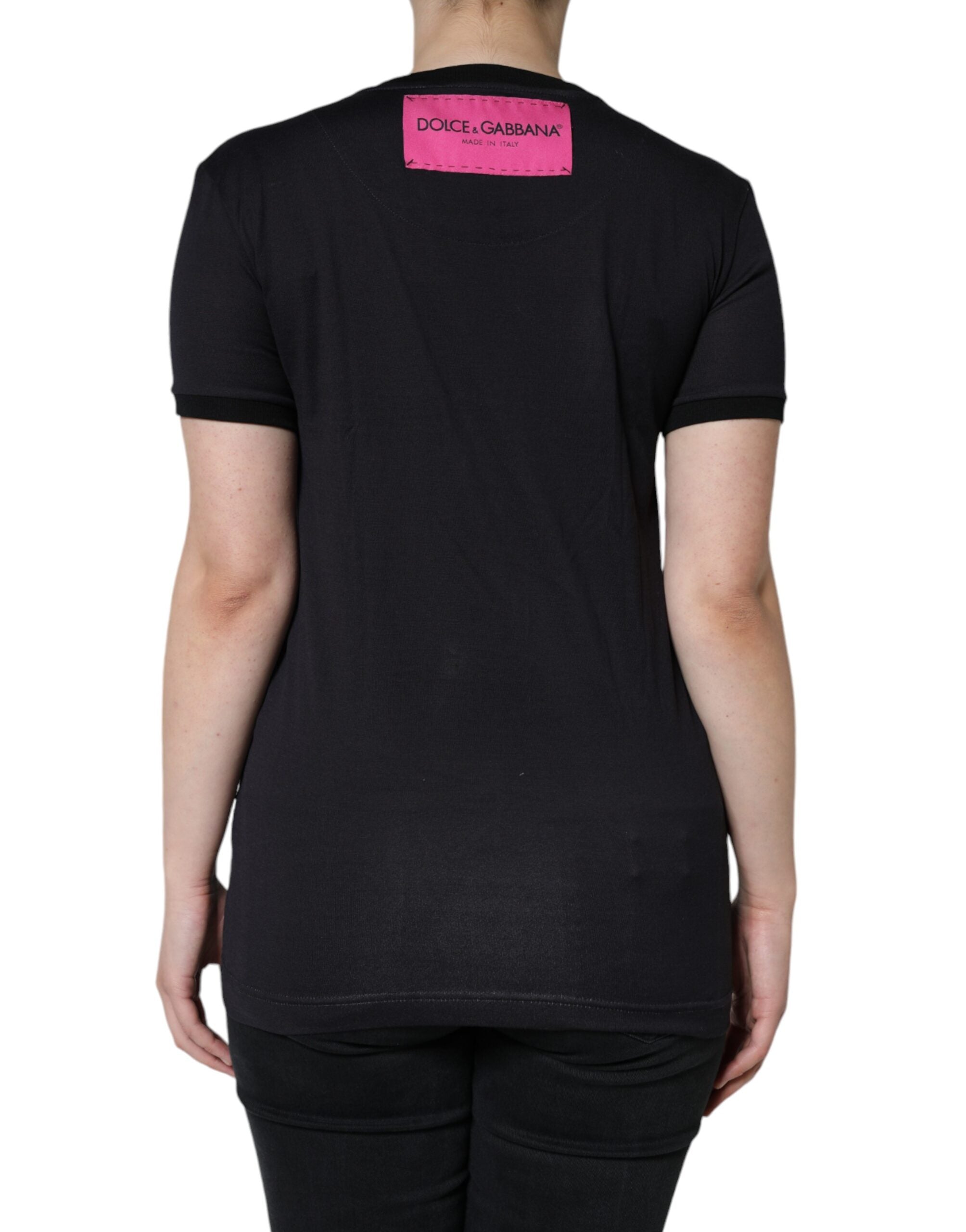 Black cotton T-shirt with round neck and Dolce & Gabbana logo print, casual style, front view.