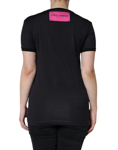 Black cotton T-shirt with round neck and Dolce & Gabbana logo print, casual style, front view.