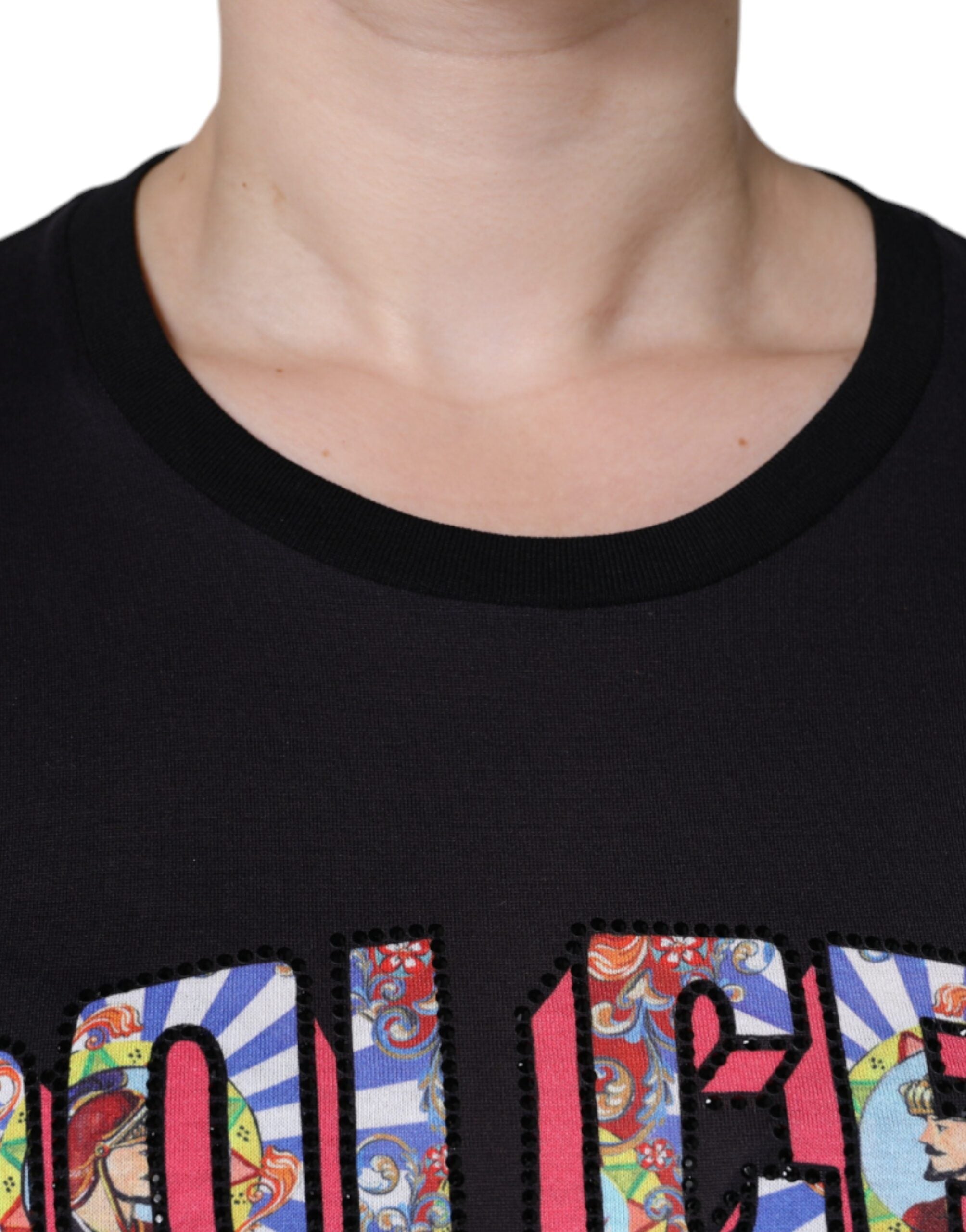 Black cotton Dolce & Gabbana T-shirt with round neck and logo print, featuring a casual fit and stylish design.