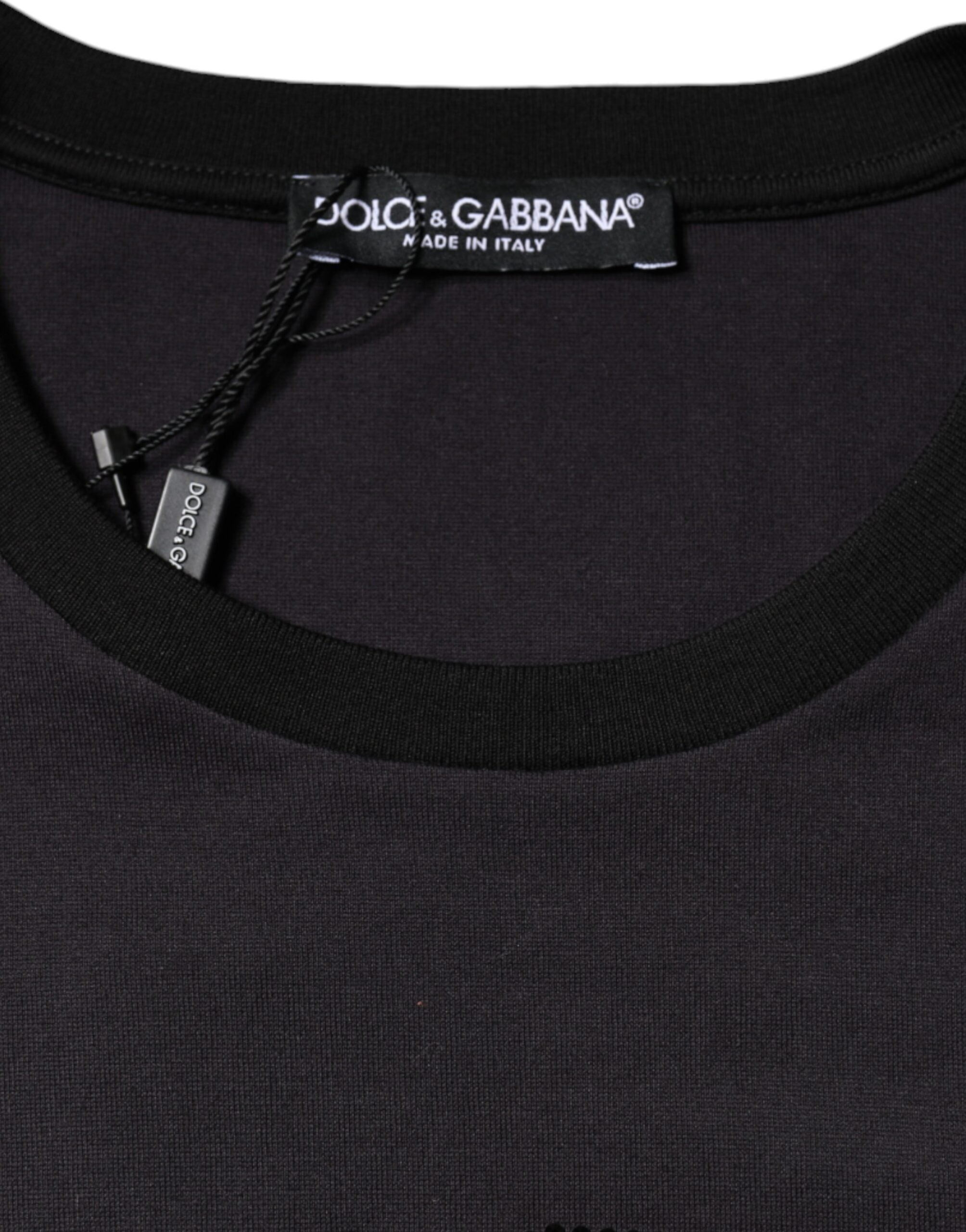 Black cotton Dolce & Gabbana logo print round neck T-shirt with short sleeves and casual fit.