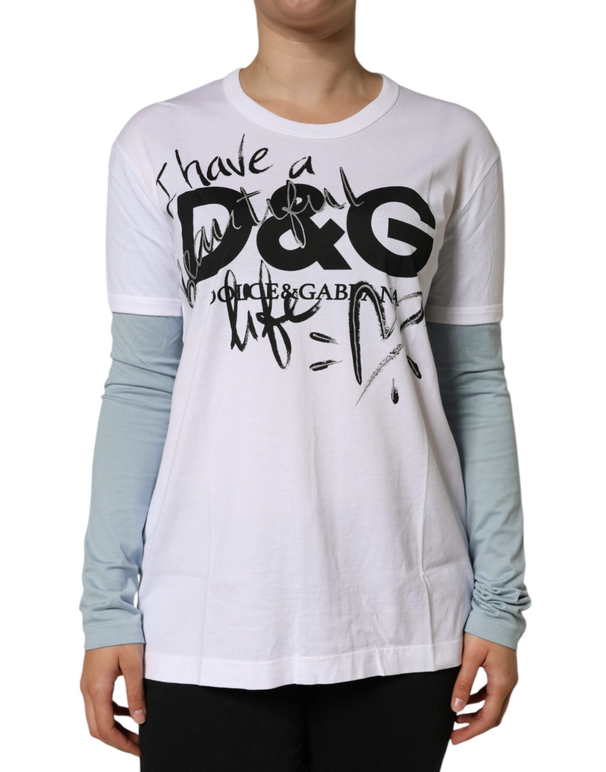 White cotton Dolce & Gabbana round neck T-shirt with logo print, showcasing a casual, stylish design.