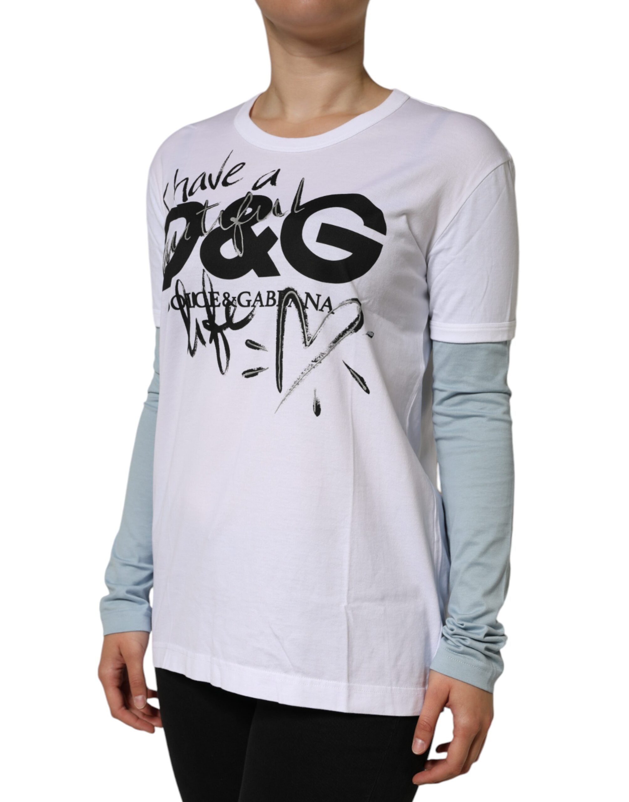 White cotton round neck T-shirt with Dolce & Gabbana logo print, casual style, front view showing the logo design.