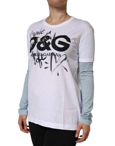 White cotton round neck T-shirt with Dolce & Gabbana logo print, casual style, front view showing the logo design.