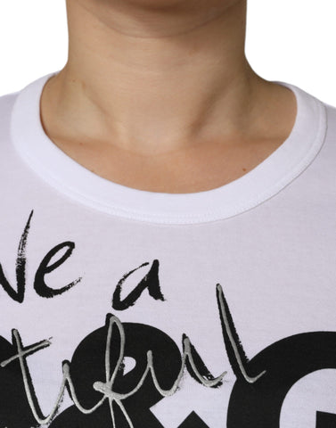 White cotton round neck T-shirt with Dolce & Gabbana logo print, casual and comfortable for everyday wear.