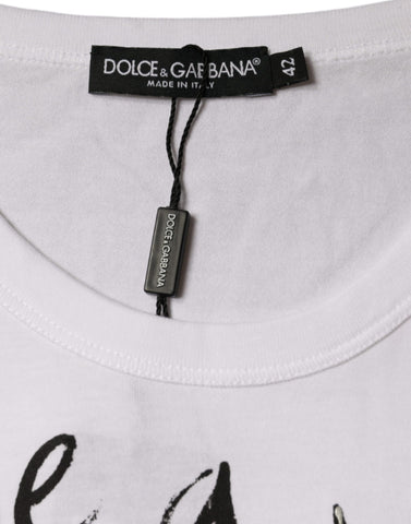 White cotton round neck T-shirt with Dolce & Gabbana logo print, casual and stylish men's T-shirt.