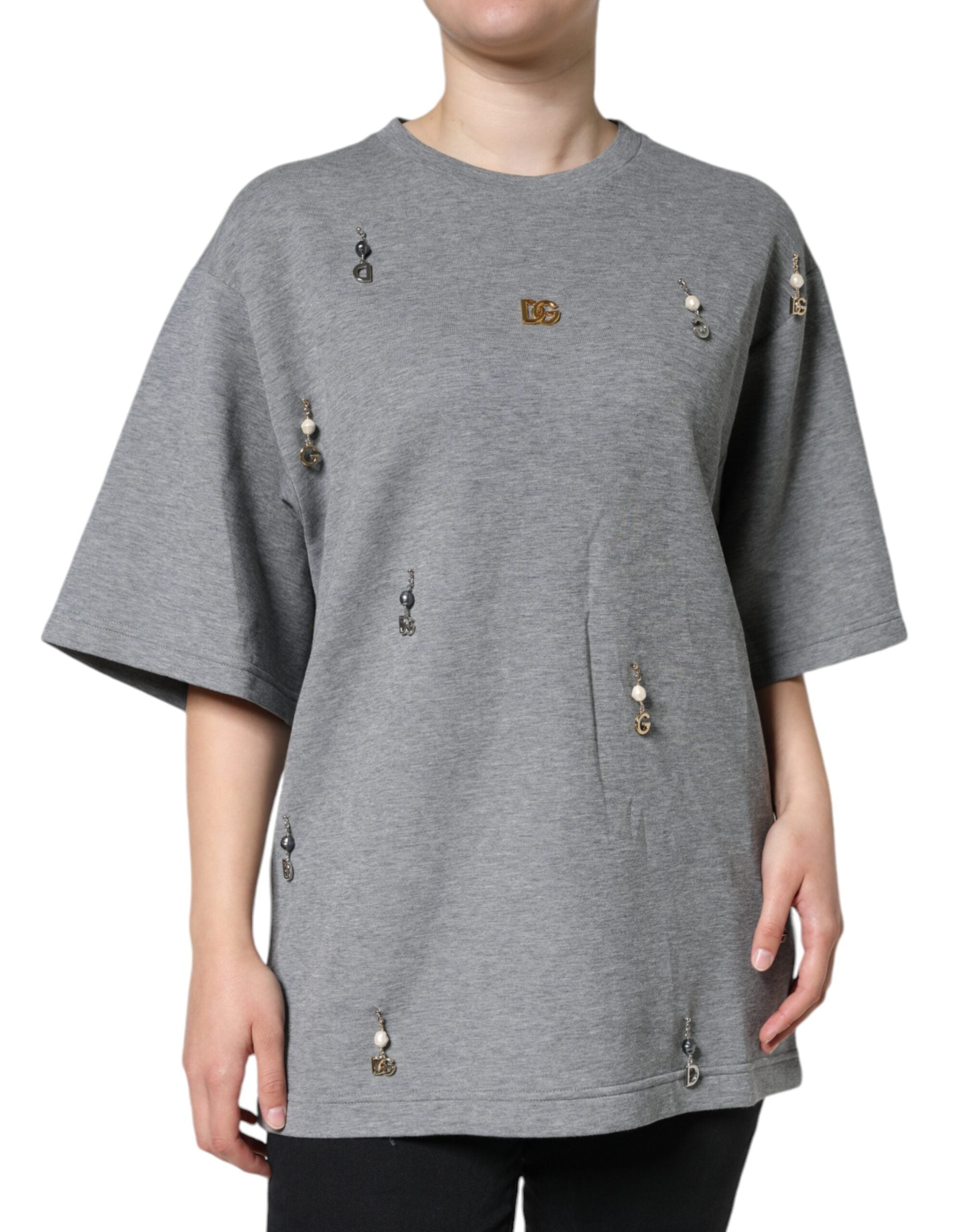Gray cotton blend Dolce & Gabbana embellished T-shirt with decorative details and a relaxed fit.
