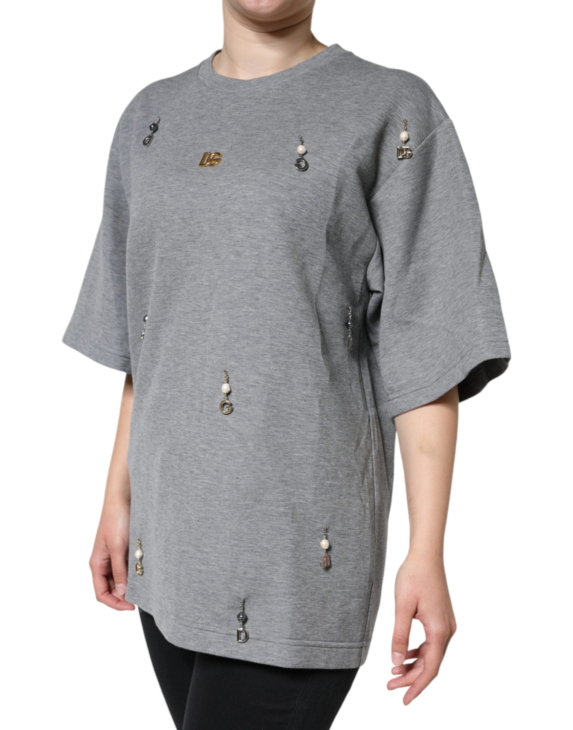 Gray cotton blend embellished Dolce & Gabbana T-shirt with decorative details and a relaxed fit.