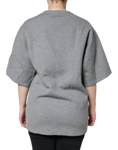 Gray cotton blend embellished T-shirt by Dolce & Gabbana with decorative details, casual fit, and classic crew neckline.