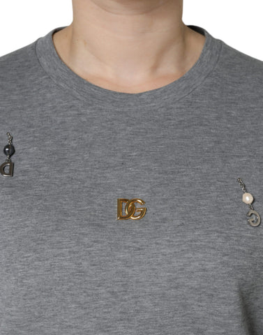Gray cotton blend embellished T-shirt by Dolce & Gabbana, featuring decorative details and a relaxed fit.