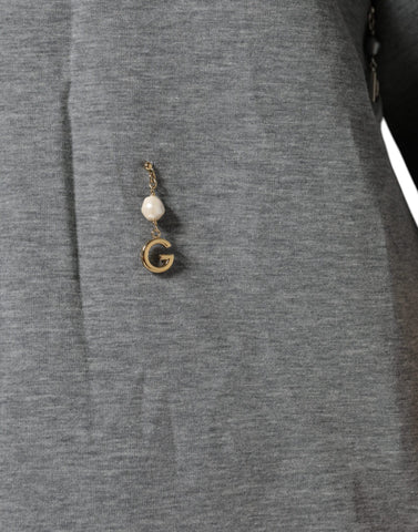 Gray cotton blend embellished T-shirt by Dolce & Gabbana featuring decorative details and a relaxed fit.