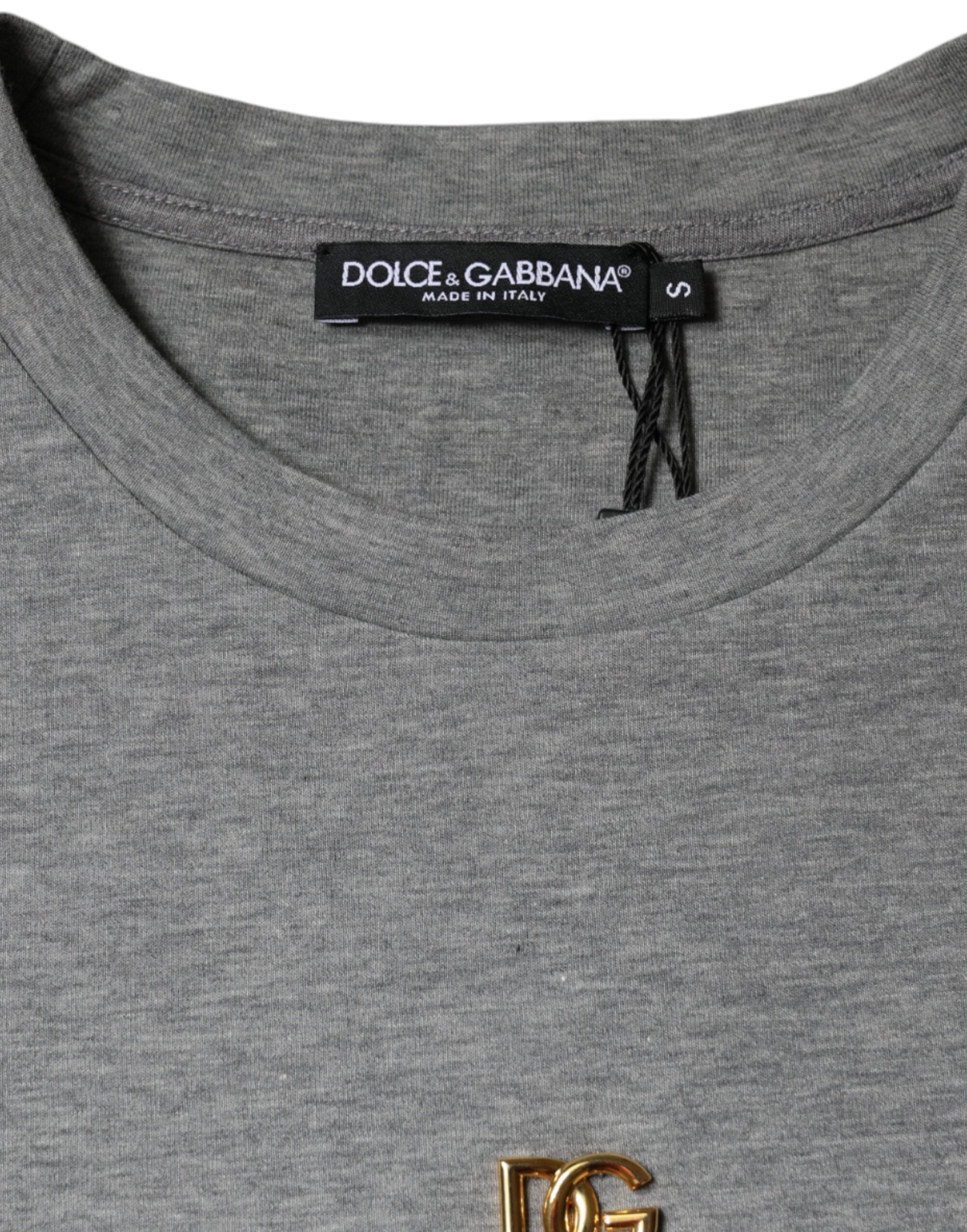 Gray cotton blend embellished T-shirt by Dolce & Gabbana showing detailed embroidery and relaxed fit.