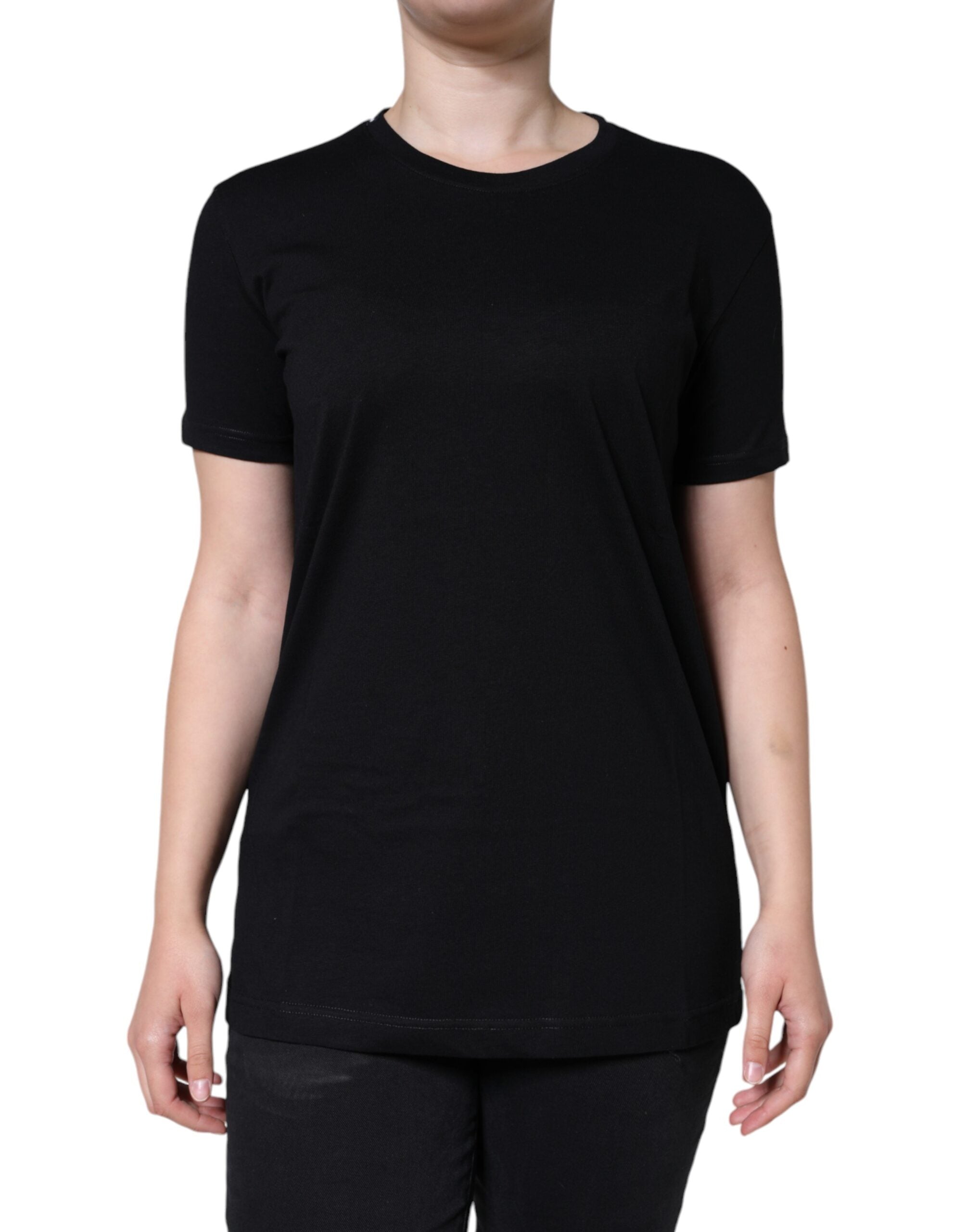 Black cotton crew neck short sleeve T-shirt by Dolce & Gabbana, shown laid flat with smooth fabric and fitted neckline.
