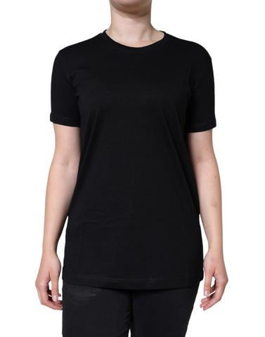Black cotton crew neck short sleeve T-shirt by Dolce & Gabbana, shown laid flat with smooth fabric and fitted neckline.