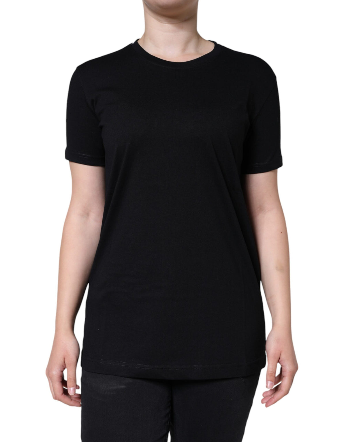 Black cotton crew neck short sleeve T-shirt by Dolce & Gabbana, showing the classic fit and smooth fabric.