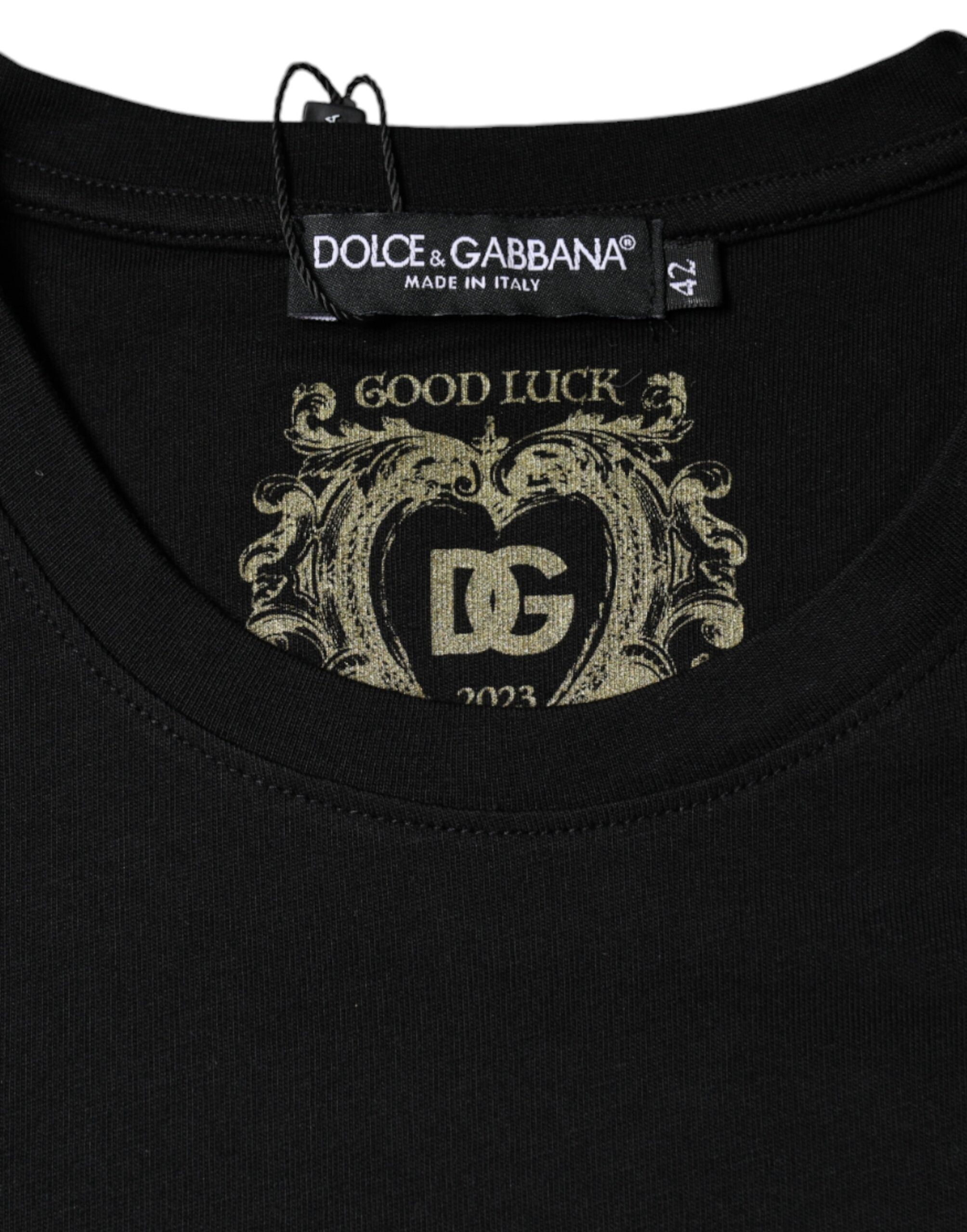 Black cotton crew neck short sleeve T-shirt by Dolce & Gabbana displayed on a plain background.