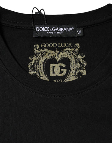 Black cotton crew neck short sleeve T-shirt by Dolce & Gabbana displayed on a plain background.