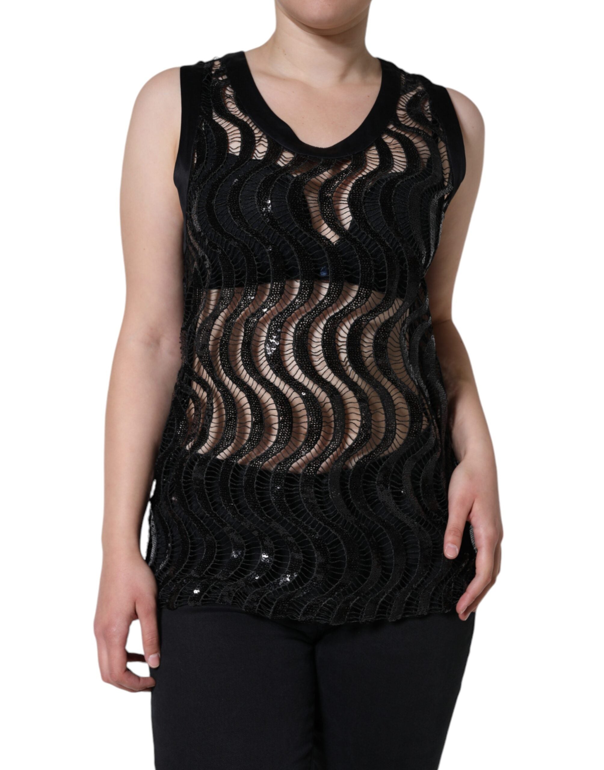 Black sequin sleeveless tank blouse top by Dolce & Gabbana with a fitted silhouette and shimmering sequin embellishments.