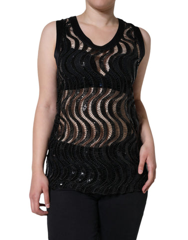 Black sequin sleeveless tank blouse top by Dolce & Gabbana with a fitted silhouette and shimmering sequin embellishments.