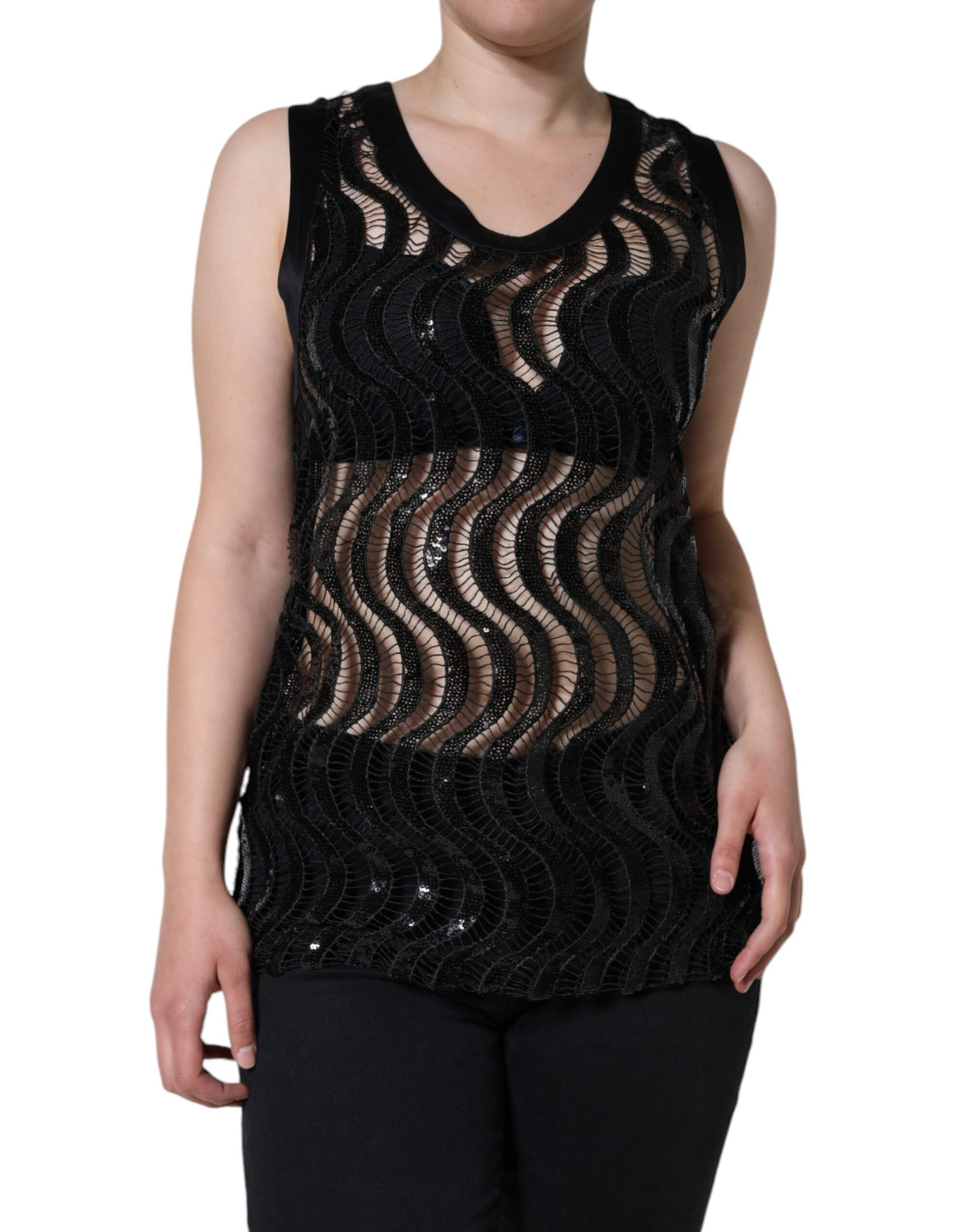 Black sequin sleeveless tank blouse top by Dolce & Gabbana with shimmering sequins and a sleek, fitted design.