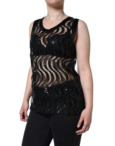 Black sequin sleeveless tank blouse by Dolce & Gabbana with a fitted design and shimmering sequin details.