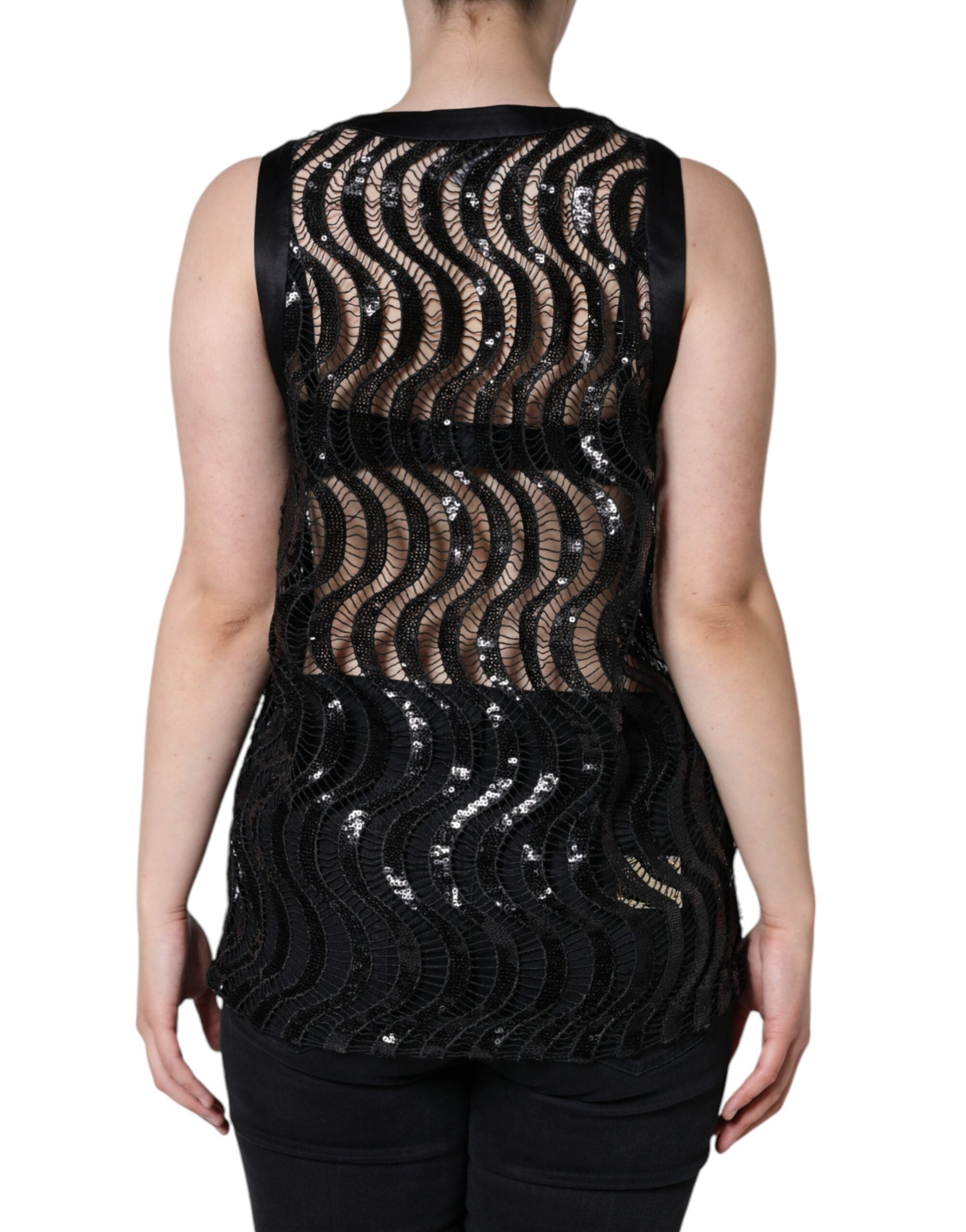 Black sequin sleeveless tank blouse top by Dolce & Gabbana, featuring shiny sequins and a sleek sleeveless design.