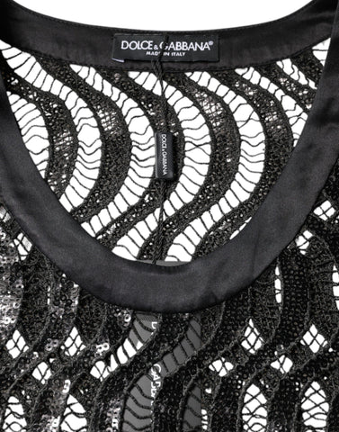 Black sequin sleeveless tank blouse top by Dolce & Gabbana with a fitted design and shimmering sequin embellishments.
