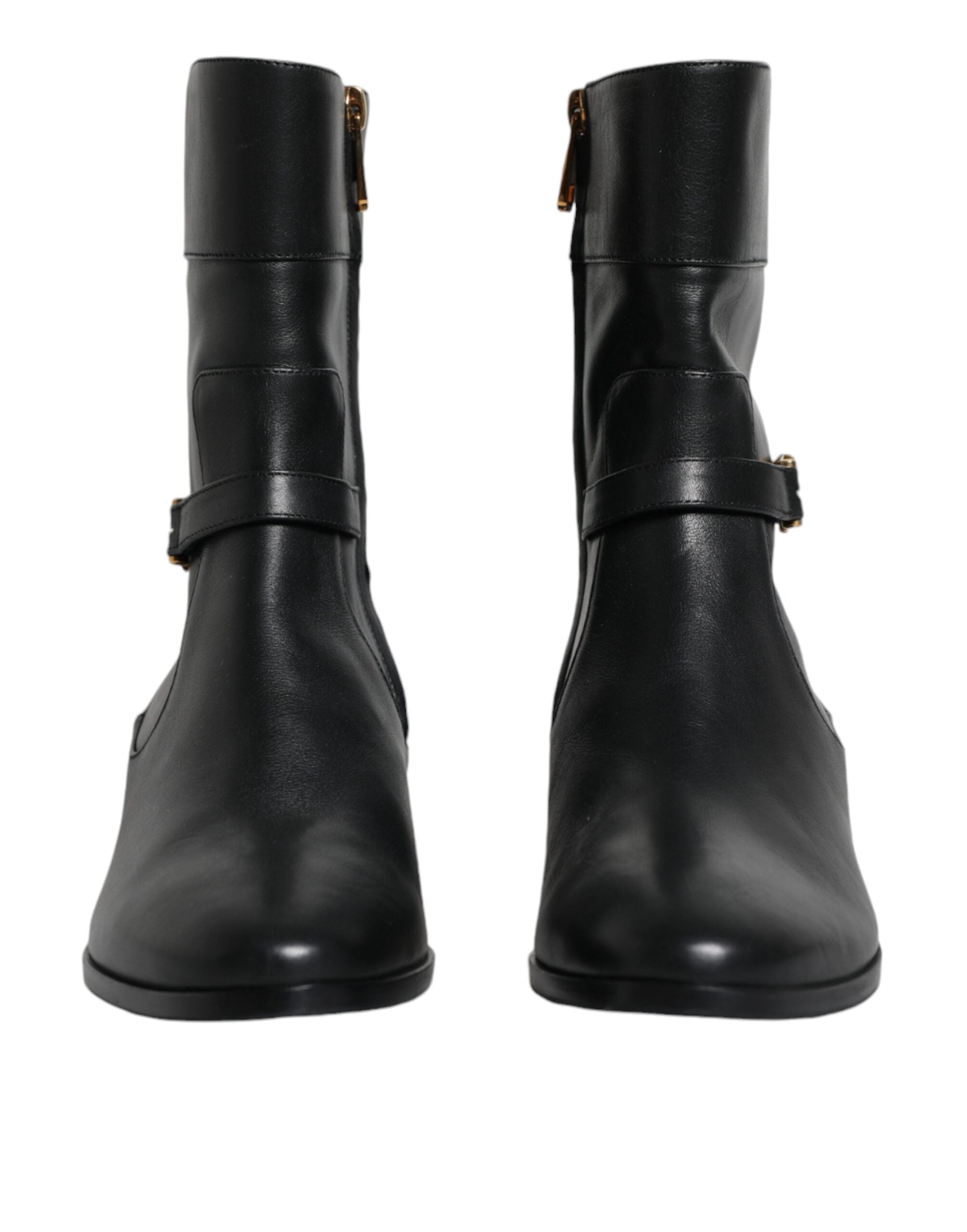 Black leather mid-calf boots with Dolce & Gabbana logo detail, stylish and sleek footwear for fashion-forward looks.