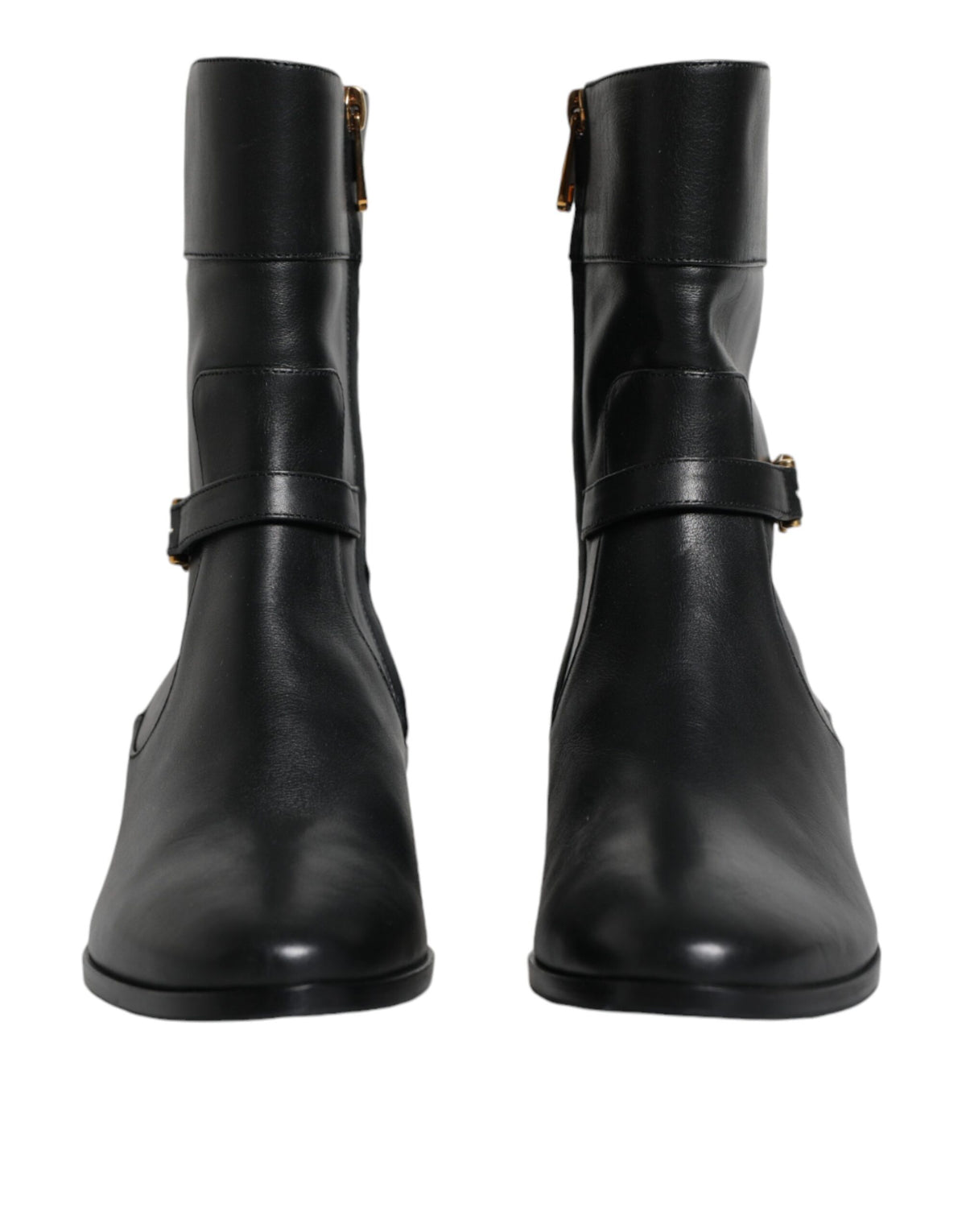 Black leather mid-calf boots with Dolce & Gabbana logo detail, stylish and sleek footwear for fashion-forward looks.
