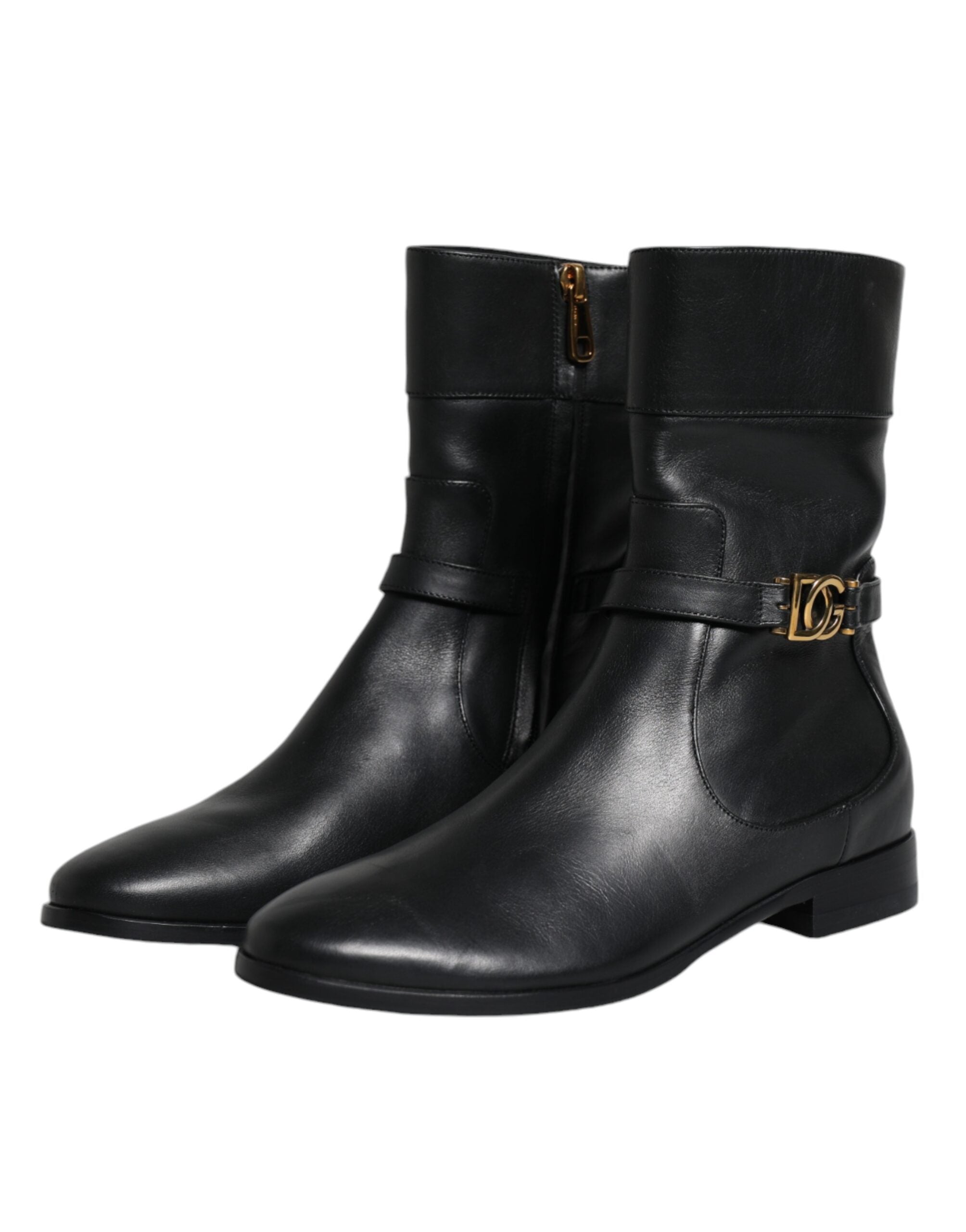 Black leather mid-calf boots with Dolce & Gabbana logo detail, stylish footwear with a sleek, polished finish.