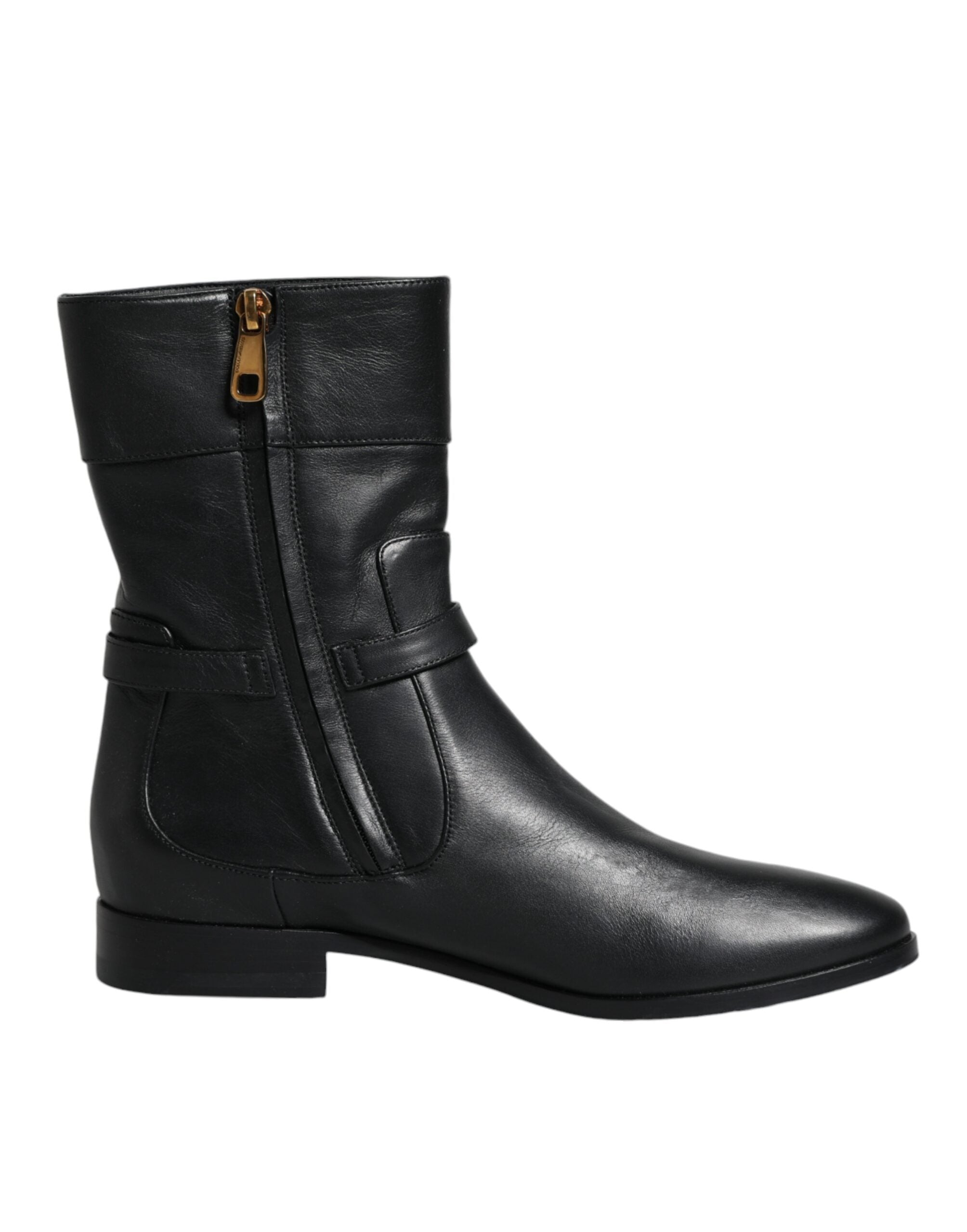 Black leather mid-calf boots with Dolce & Gabbana logo, stylish footwear featuring sleek design and sturdy heel.