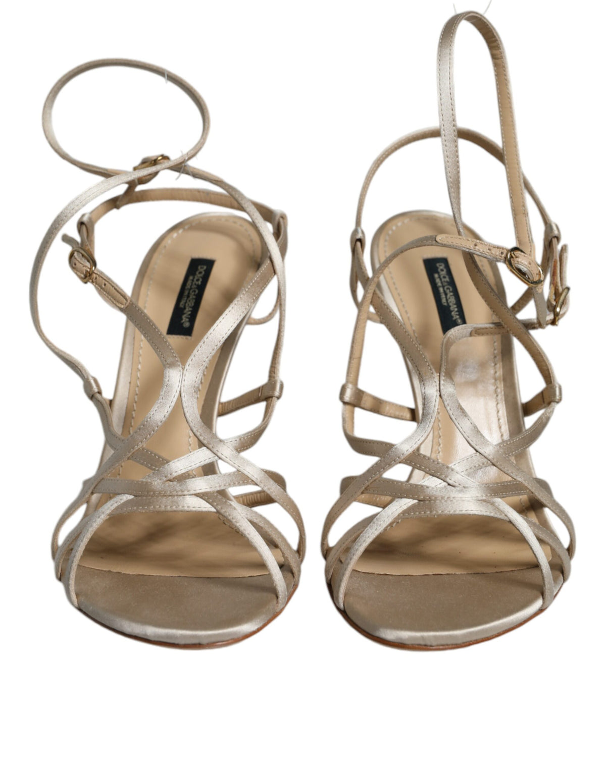 Beige leather stiletto heels sandals by Dolce & Gabbana, featuring sleek design and high heel, perfect for elegant occasions.