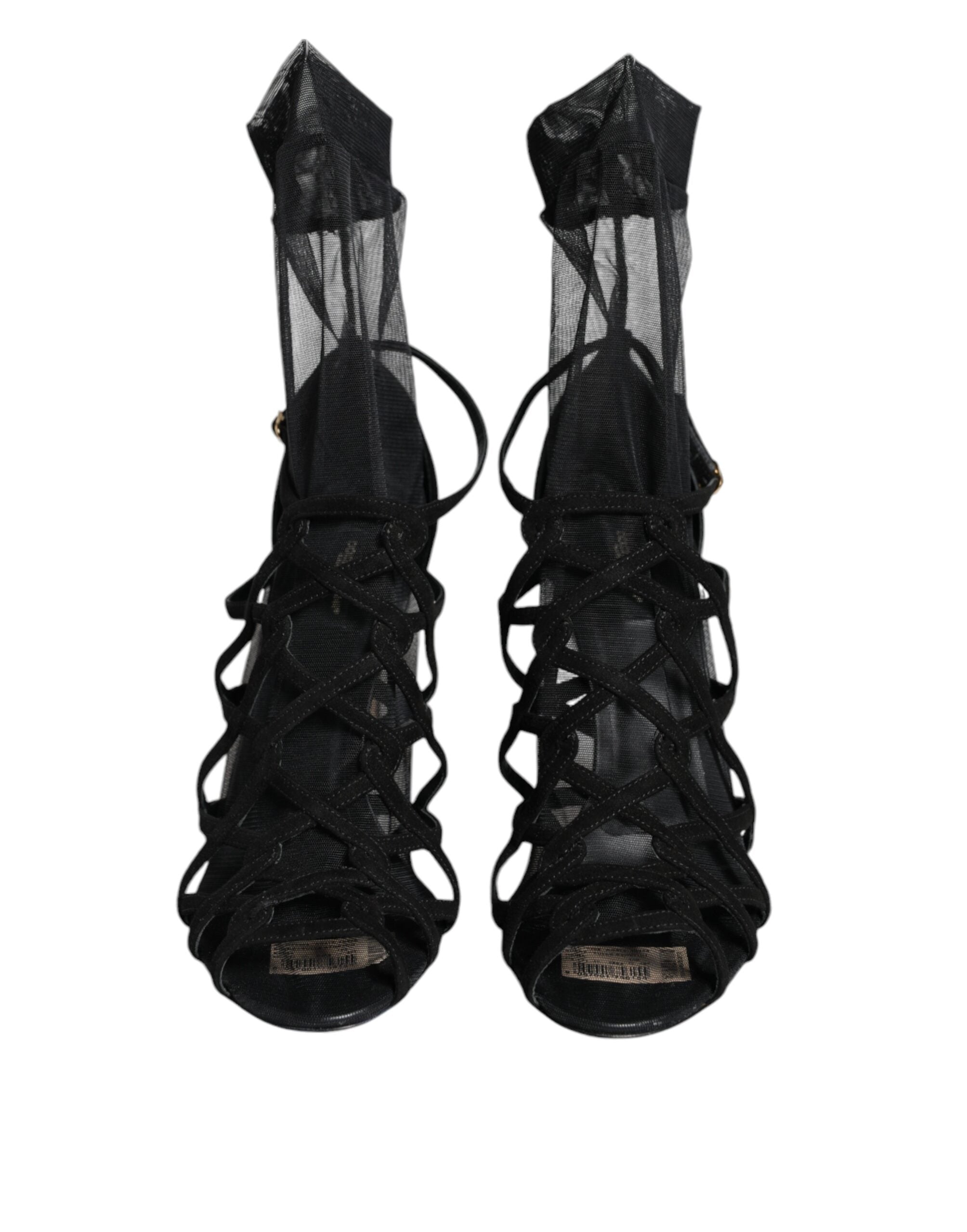 Black tulle stretch heels sandals by Dolce & Gabbana with elegant open toe design and ankle strap for a stylish look.