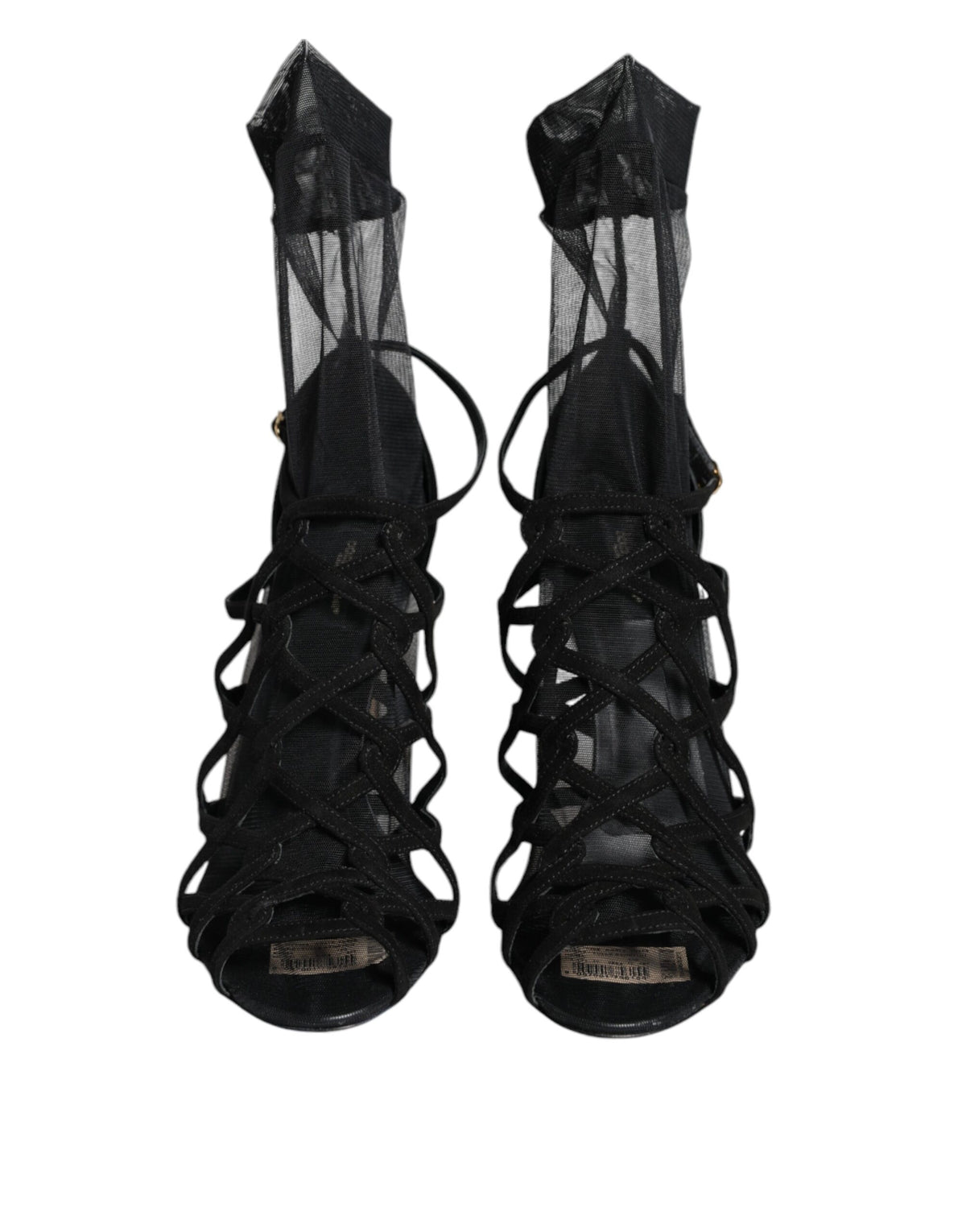 Black tulle stretch heels sandals by Dolce & Gabbana with elegant open toe design and ankle strap for a stylish look.