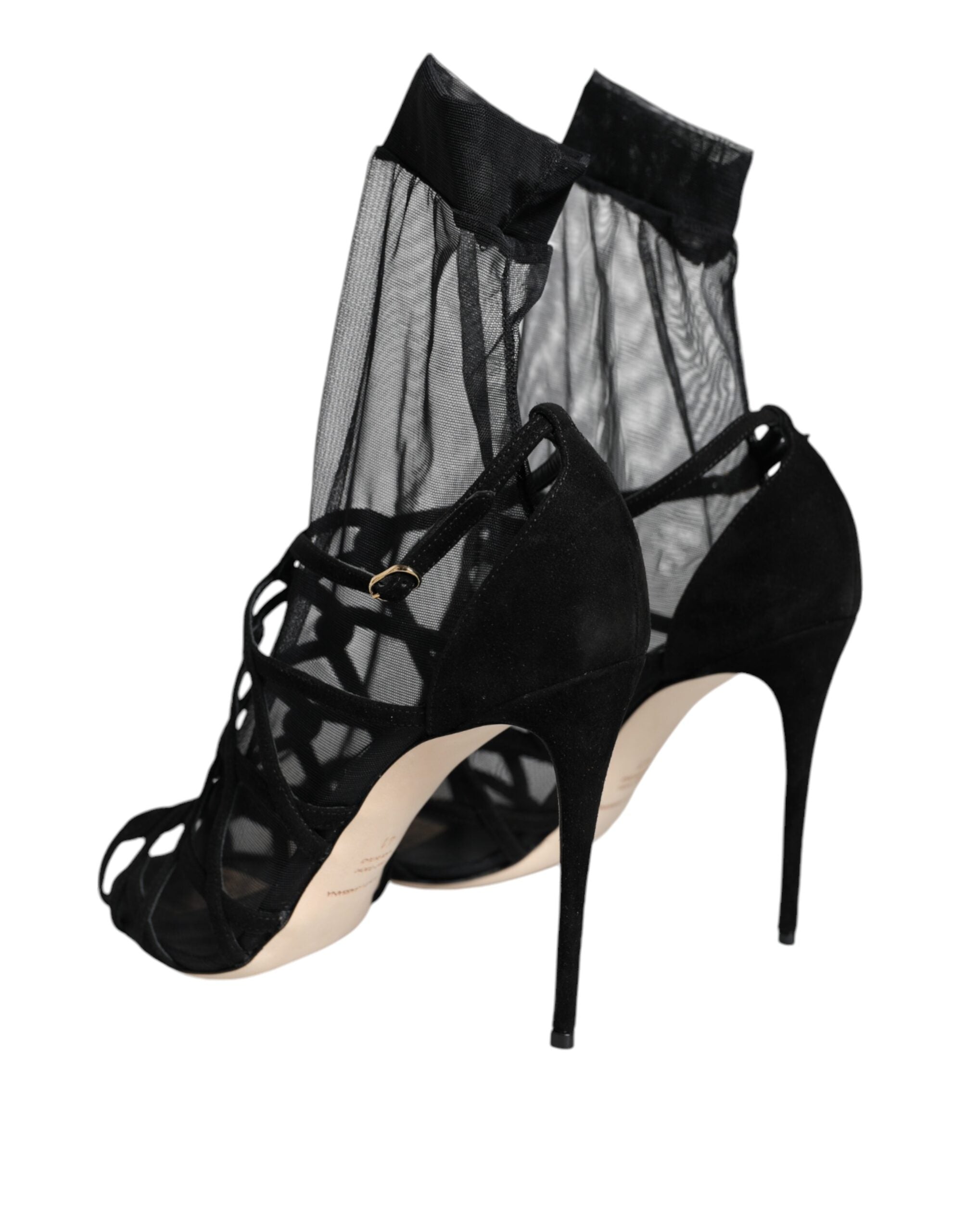 Black tulle stretch heel sandals by Dolce & Gabbana with open toes and elegant design, perfect for formal or evening wear.
