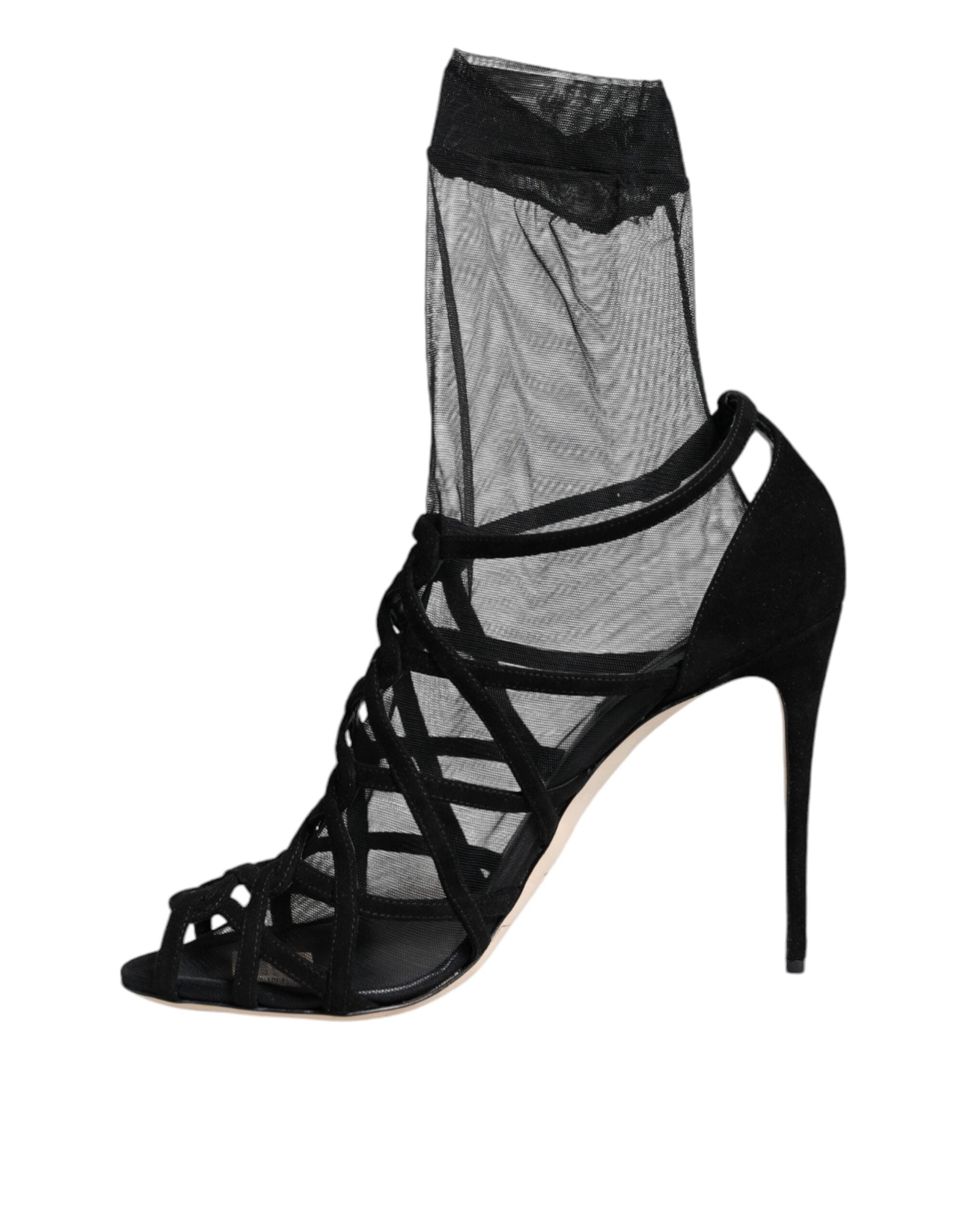 Black tulle stretch heels sandals by Dolce & Gabbana featuring delicate tulle fabric and elegant high-heeled design.