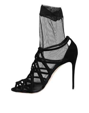 Black tulle stretch heels sandals by Dolce & Gabbana featuring delicate tulle fabric and elegant high-heeled design.