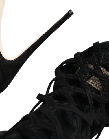 Black tulle stretch heels sandals by Dolce & Gabbana featuring elegant open-toe design and slim stiletto heels.