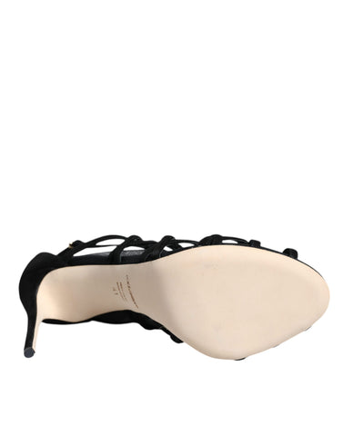 Black tulle stretch heels sandals by Dolce & Gabbana, featuring elegant design and open-toe style with ankle straps.