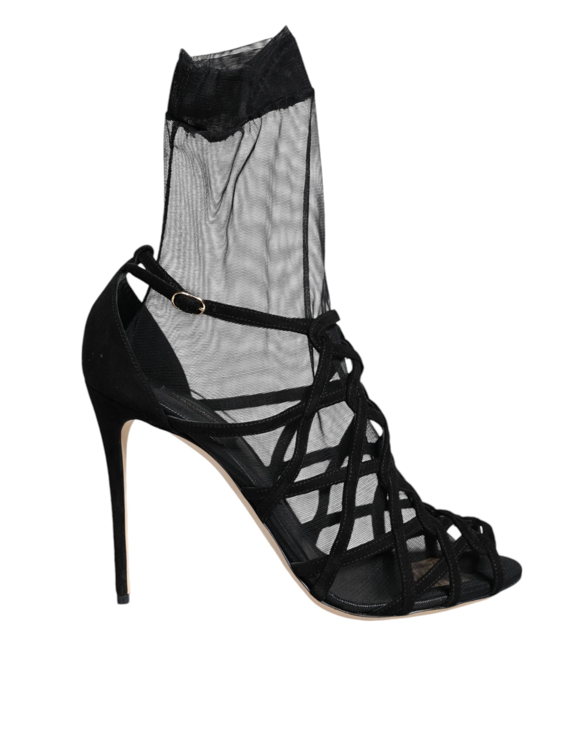 Black tulle stretch heels sandals by Dolce & Gabbana, featuring elegant design and open-toe style with ankle strap.