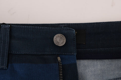 Blue short striped mini denim skirt by Dolce & Gabbana, showing a fitted waist and classic denim texture.