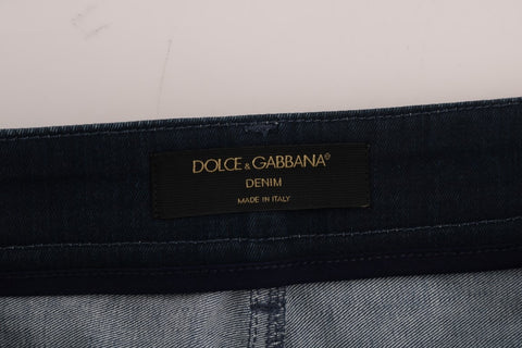 Blue short striped mini denim skirt by Dolce & Gabbana, featuring a stylish, fitted design with vertical stripes and classic denim fabric.