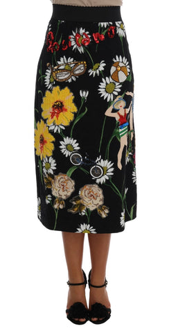 Black embellished daisy brocade skirt by Dolce & Gabbana with intricate floral embroidery and a fitted waistband.