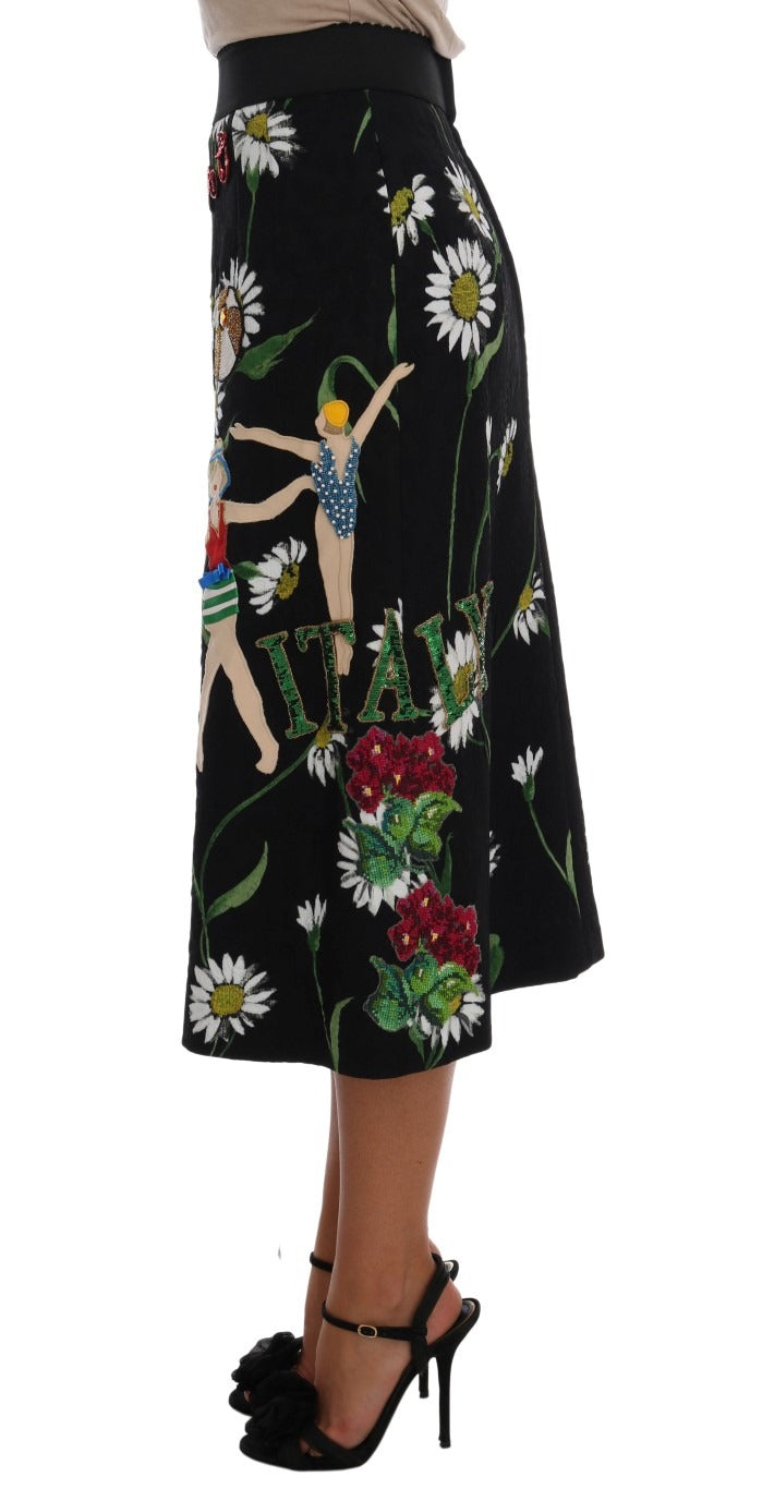 Black embellished daisy brocade skirt by Dolce & Gabbana with intricate floral embroidery and textured fabric.
