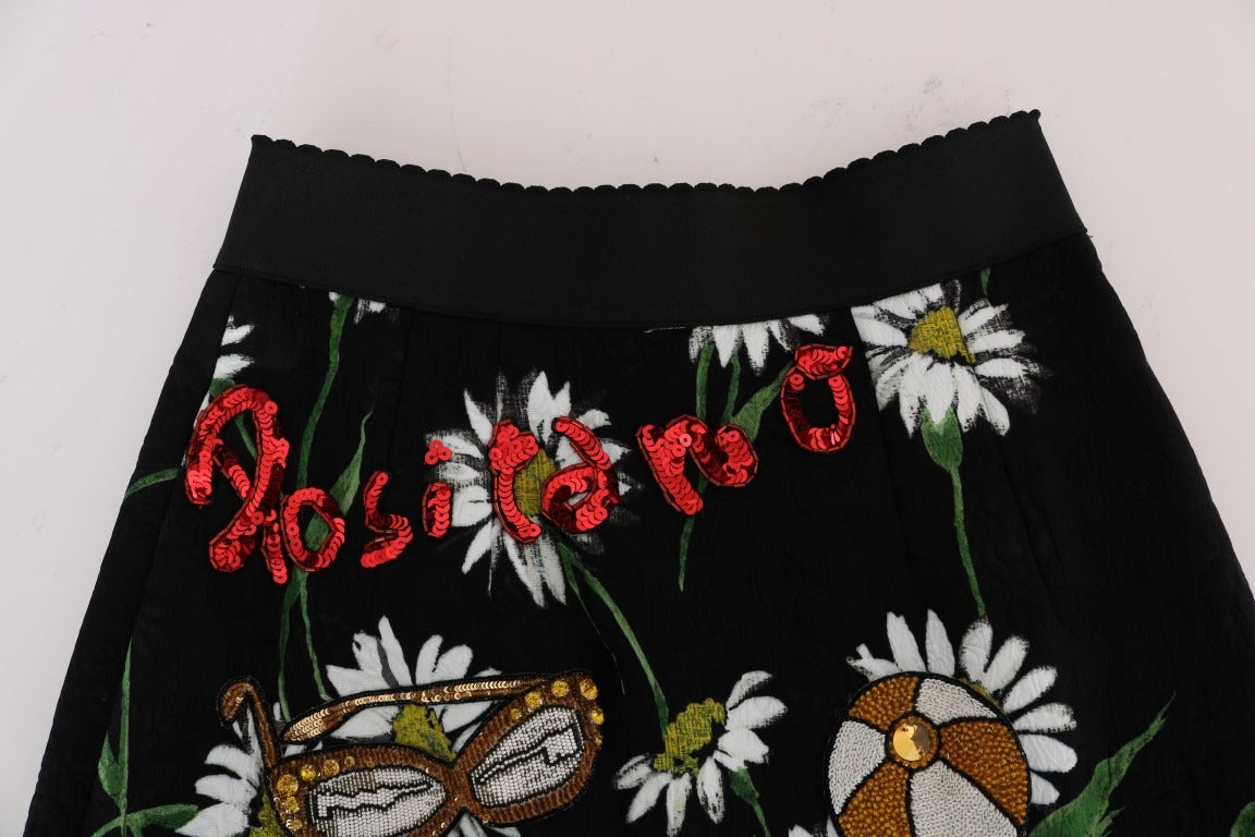 Black embellished daisy brocade skirt by Dolce & Gabbana with intricate floral patterns and decorative embellishments.