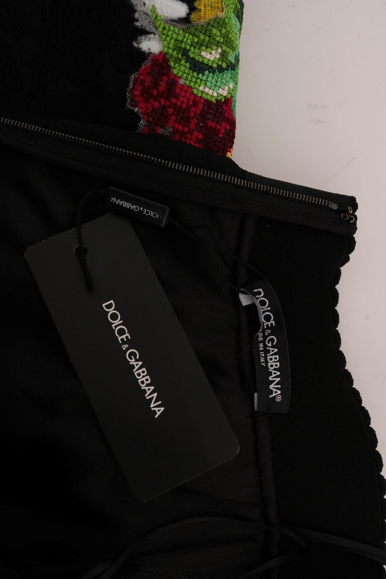Black embellished daisy brocade skirt by Dolce & Gabbana with intricate floral embroidery and luxurious fabric details.
