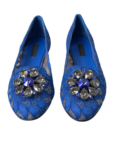 Blue lace crystal ballet flats loafers shoes by Dolce & Gabbana featuring delicate lace and sparkling crystal embellishments.