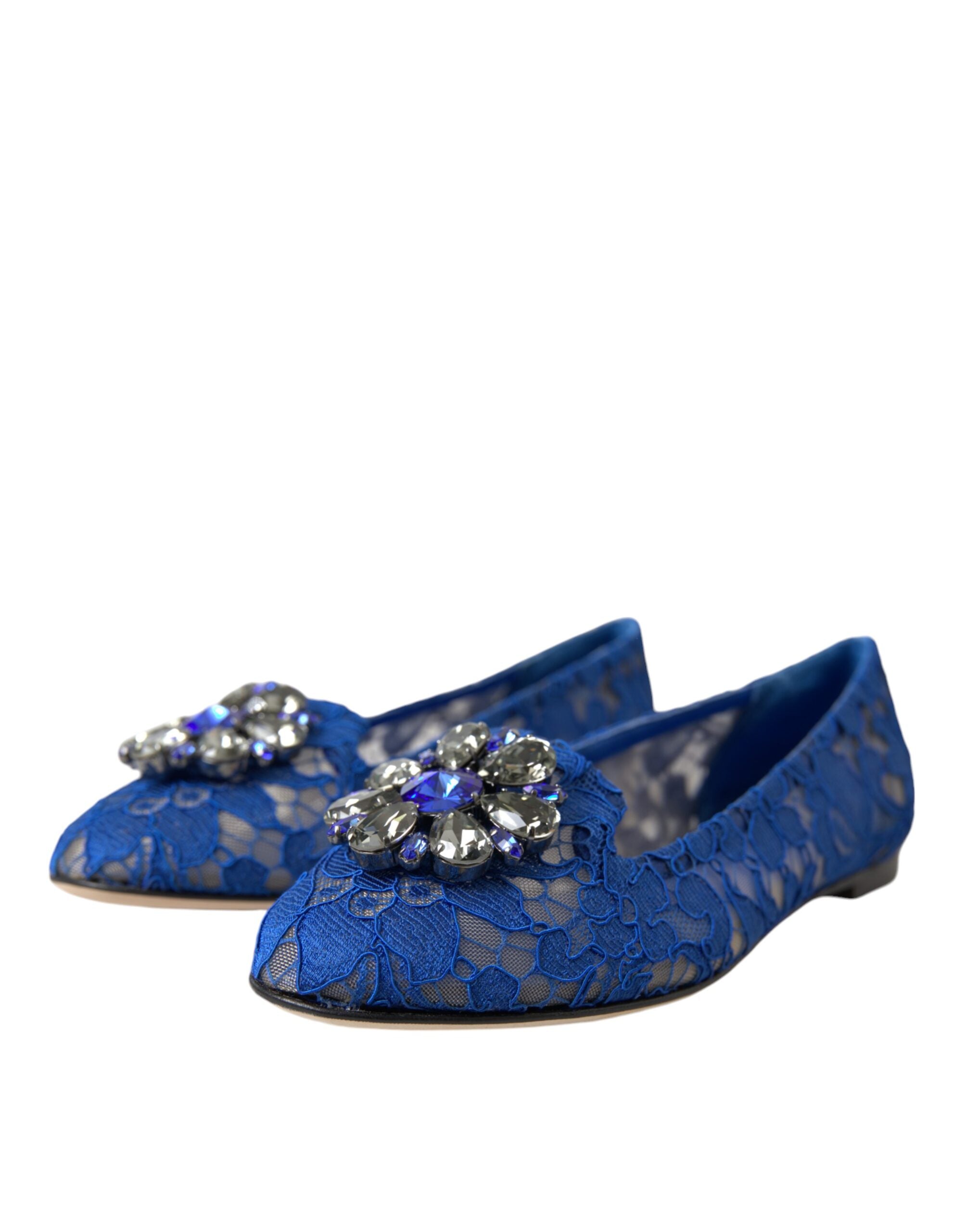 Blue lace crystal ballet flats loafers shoes by Dolce & Gabbana with intricate lace and crystal embellishments.